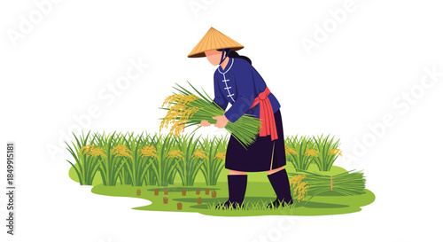 An Asian farmer wearing a traditional conical hat harvests ripe rice stalks in a vibrant green paddy field.