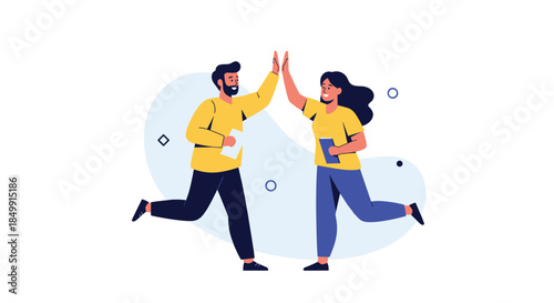 Two smiling colleagues high-fiving each other, celebrating success and collaboration in a dynamic and positive work environment.