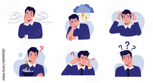Illustrations of a man depicting various states of stress, anxiety, and confusion, highlighting common emotional and mental health struggles.