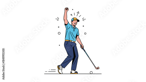 Excited golfer celebrates a successful shot with a raised fist and joyful expression on the green.