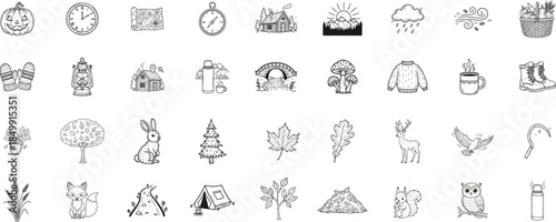 Autumn leaves and forest doodle icon set. Set includes hand drawn trees, animals, camping items, weather symbols and cozy fall nature elements