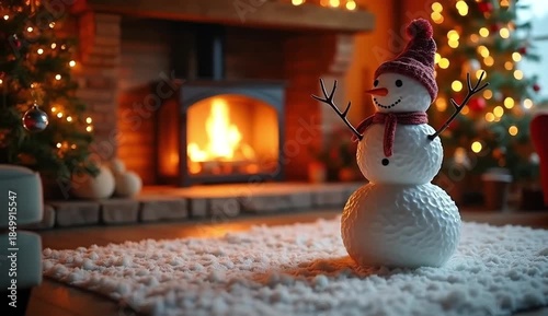 Snowman and fireplace at living room.