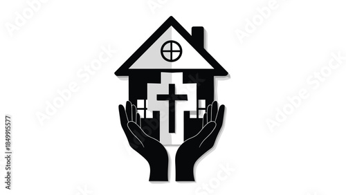 Hands cradling a house with a cross inside symbolizes faith, protection, and the importance of home and spiritual beliefs.