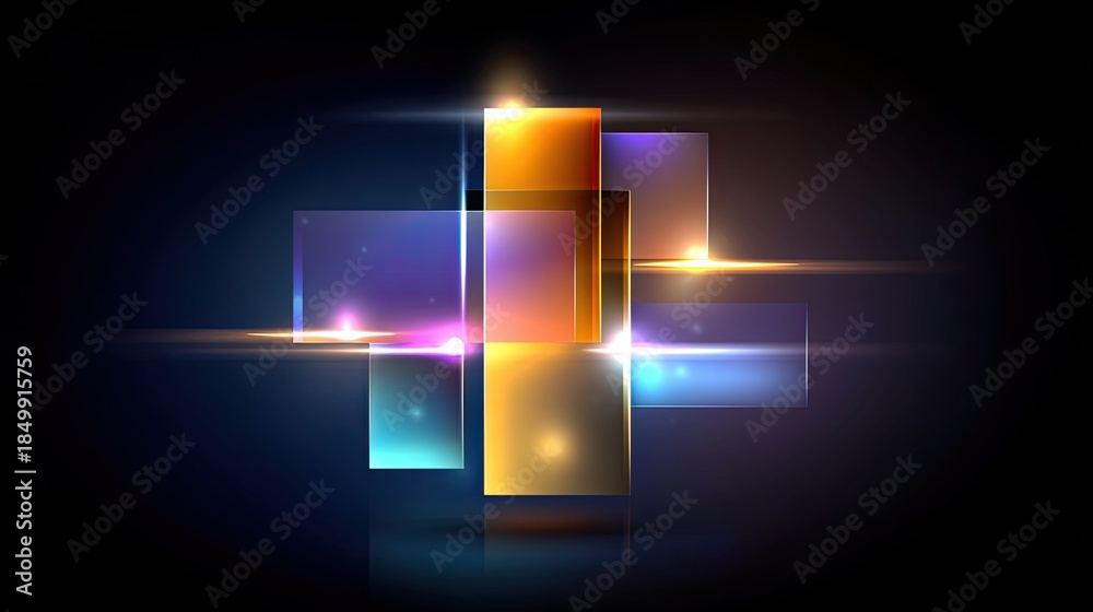 Obraz premium Colorful abstract shapes with glowing edges, illuminated squares and rectangles on dark background, modern design concept for digital art and creative projects