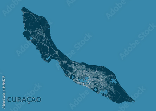 Map of Curaçao Island. The island is rendered in a dark teal color, with roads and urban areas depicted in a lighter shade of teal, creating a contrast that highlights the island's infrastructure.