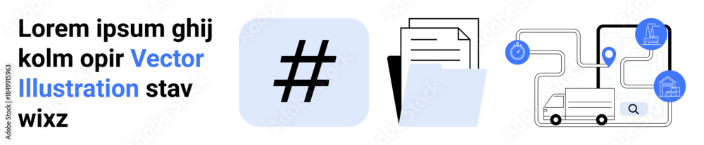 Fototapeta premium metadata tag symbol, document folder, and logistics map with connected nodes and delivery truck. Ideal for logistics, document organization, networking, analytics, file sharing, supply chain simple