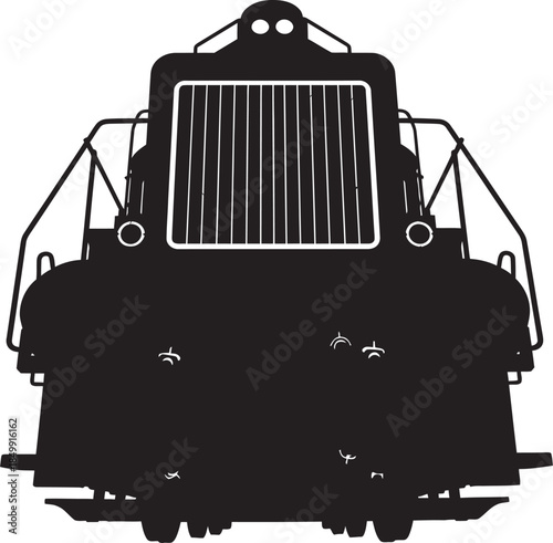 Front view of a black train locomotive silhouette on white background, industrial transportation concept