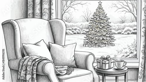 Cozy winter interior with armchair and christmas tree near window vector illustration