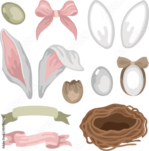 Hand-drawn Easter collection with bow and ribbon, Easter bunny ears, dyed eggs and nest