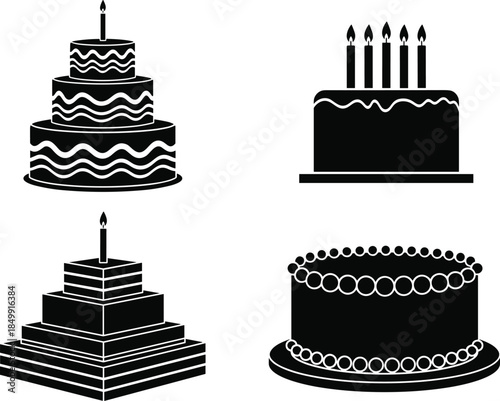 Birthday cake silhouette illustration set featuring layered cakes, candles, celebration desserts, festive party symbols, black and white vector design