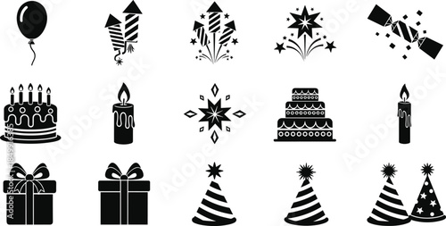 Birthday and party celebration silhouette icon set with balloons, fireworks, cakes, candles, gifts, party hats, festive decorative elements