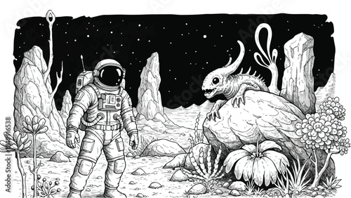 Astronaut and alien creature on a futuristic planet surface vector sketch