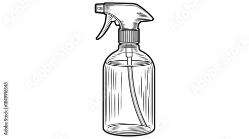 A detailed sketch of a clear spray bottle standing upright on a white background