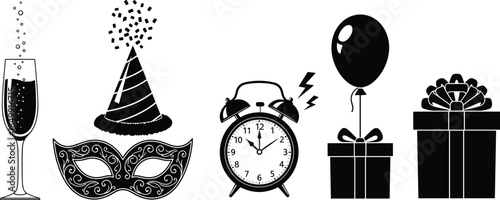 Festive party celebration icon set featuring champagne, masks, alarm clock, balloons, gifts, midnight countdown, birthday and holiday events