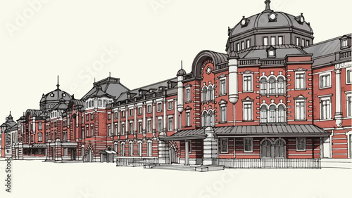 Classic historical red brick railway station building architecture vector illustration