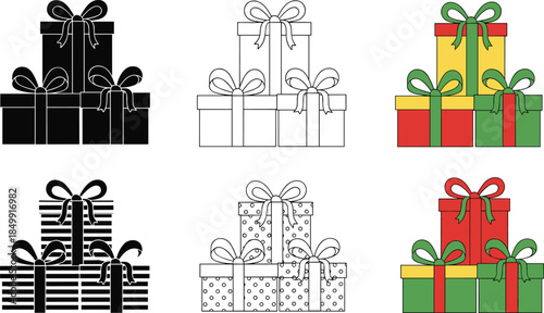 Gift box illustration set with wrapped presents, bows, holiday packaging, birthday surprises, festive celebration design, vector collection