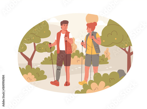 Vector illustration of a man with prosthetic leg enjoys a hike in the park with a friend. A concept of an active lifestyle, rehabilitation, and inclusiveness for people with disabilities and veterans