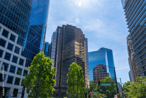 Tableau sur toile Modern skyscrapers rising above green trees in vancouver's financial district