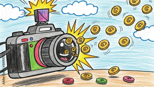 Monetizing Photography and Digital Content Creation Concept showing Camera Lens Shooting Out Gold Coins and Revenue