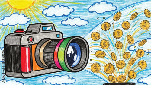 Illustration of Professional DSLR Camera Generating Gold Coins in Sky, Concept for Selling Stock Photography and Passive Income for Photographers
