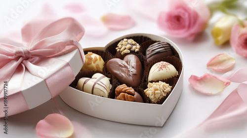 ハート型の箱に色んなチョコレートが入っている