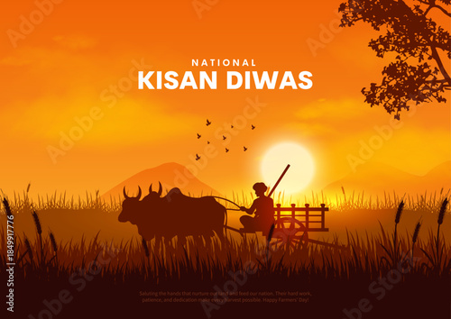 Happy Kisan Diwas Text with farmer farming silhouette vector illustration for a social media creative post template.