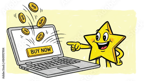 Cartoon Star Character Pointing to Laptop with Buy Now Button and Flying Dollar Coins, E-commerce Success and Online Monetization Concept