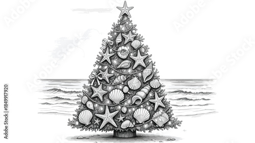 Abstract christmas tree made of sea shells on the beach vector illustration