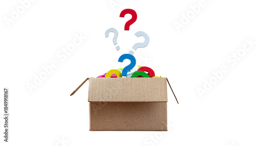 Cardboard box with colorful contents and question marks floating above it on a white background object on white and png