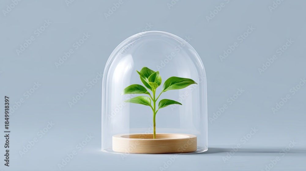 custom made wallpaper toronto digitalFresh green plant under glass dome on wooden base isolated on soft gray background showcasing nature's beauty and indoor gardening aesthetic