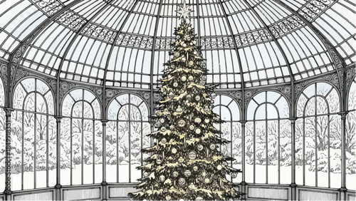 Large golden christmas tree inside a luxury glass conservatory architecture illustration