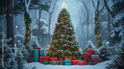  grand Christmas tree in a frost-dusted forest, bright ornaments and numerous presents spread around the base, 32K Resolution
