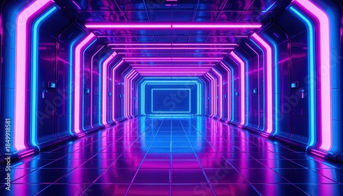 Step into a futuristic world with vibrant neon lights illuminating a sleek corridor, perfect for sci-fi concepts or modern tech backgrounds