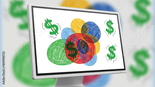 Modern Desktop Monitor Displaying Abstract Data Visualization with Overlapping Financial Circles and Dollar Symbols, Digital Wealth Management Concept