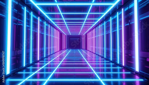 Step into a futuristic neon grid tunnel with vibrant purple and blue lights, perfect for a modern, cutting-edge technology background or dynamic design element.