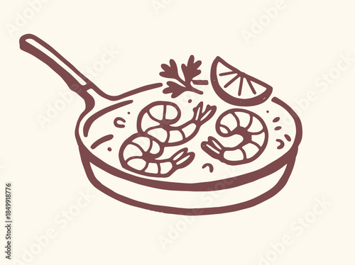 Shrimp Skillet Minimal Line Icon Vector Illustration