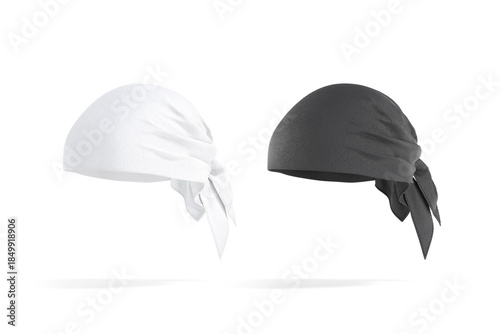 Photos Blank black and white bandana head wrap mockup, png, transparent background, 3d rendering, Empty fabric neckerchief for desert mock up, cut out