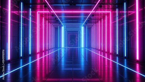 Step into the future with this stunning neon-lit corridor, perfect for futuristic designs, technology concepts, and vibrant cyberpunk visuals for your next project