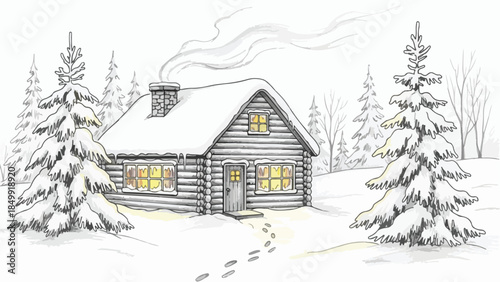 Small wooden cabin in snowy winter forest landscape at evening sketch