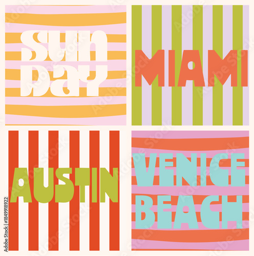 Retro lines with Summer slogan 90`s vintage  poster sunday miami austin venice beach