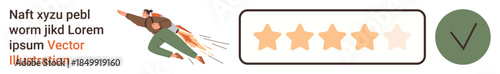 Achievement, customer approval, rating systems, success, business growth, progress tracking. A character flying with a jetpack, a 5-star rating and a checkmark. Achievement and customer approval
