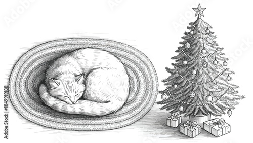 Cozy cat sleeping on a rug near a decorated christmas tree vector sketch