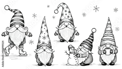 Set of cute christmas gnomes characters with hats and beards vector sketch