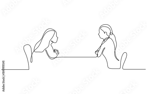 Continuous Line Drawing of Two women are talking at the table job interview, vector modern simple one line design