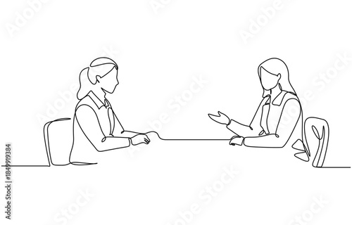 Continuous Line Drawing of Two women are talking at the table job interview, vector modern simple one line design