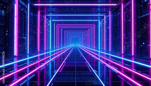 Enter the digital realm with stunning neon lights and futuristic architecture for a modern tech vibe, perfect for immersive experiences and dynamic designs