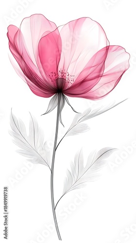 Graceful translucent pink flower with delicate, flowing petals and artistic grey leaves