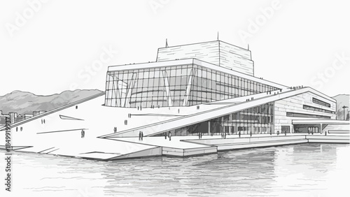 Modern opera house building architecture near water vector sketch illustration