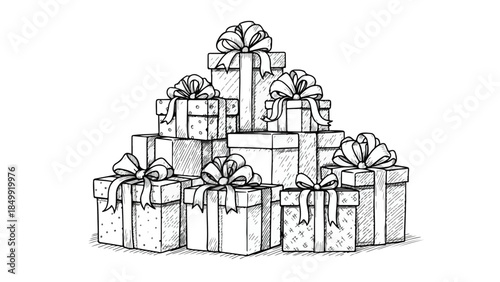 Large stack of wrapped christmas gift boxes in hand drawn vector sketch