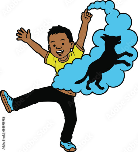 Happy boy and dog jumping in the air cartoon illustration